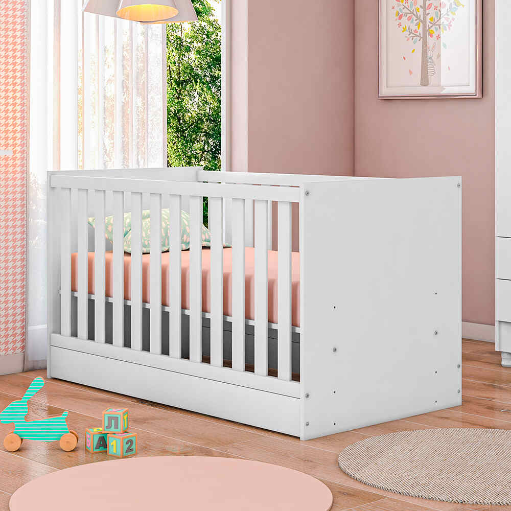 Trinity 2 in 1  Convertible Baby Cot to Bed - White with Mattress