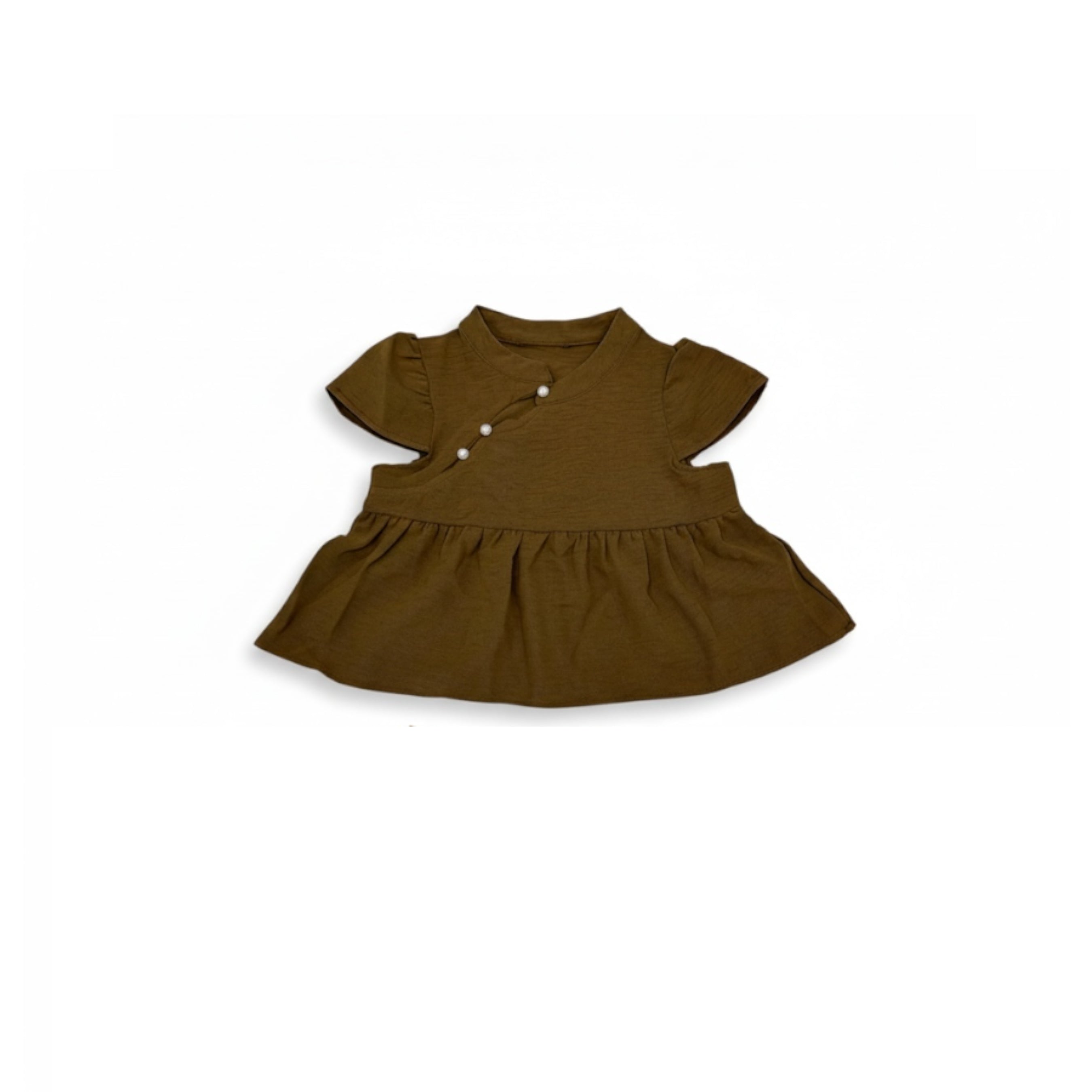 Chinese Collar Brown Blouse with Beige Mini Skirt Set