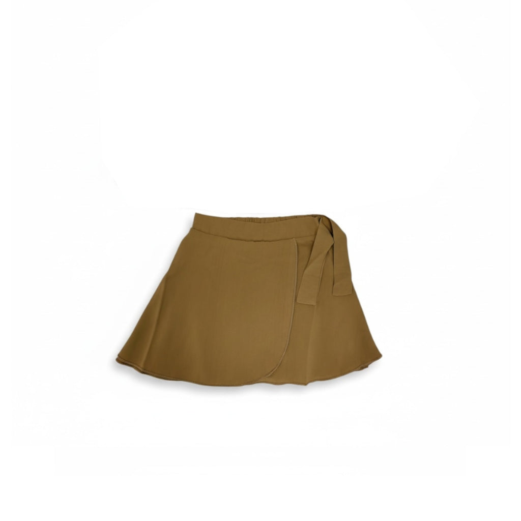 Chinese Collar Brown Blouse with Beige Mini Skirt Set