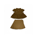 Chinese Collar Brown Blouse with Beige Mini Skirt Set
