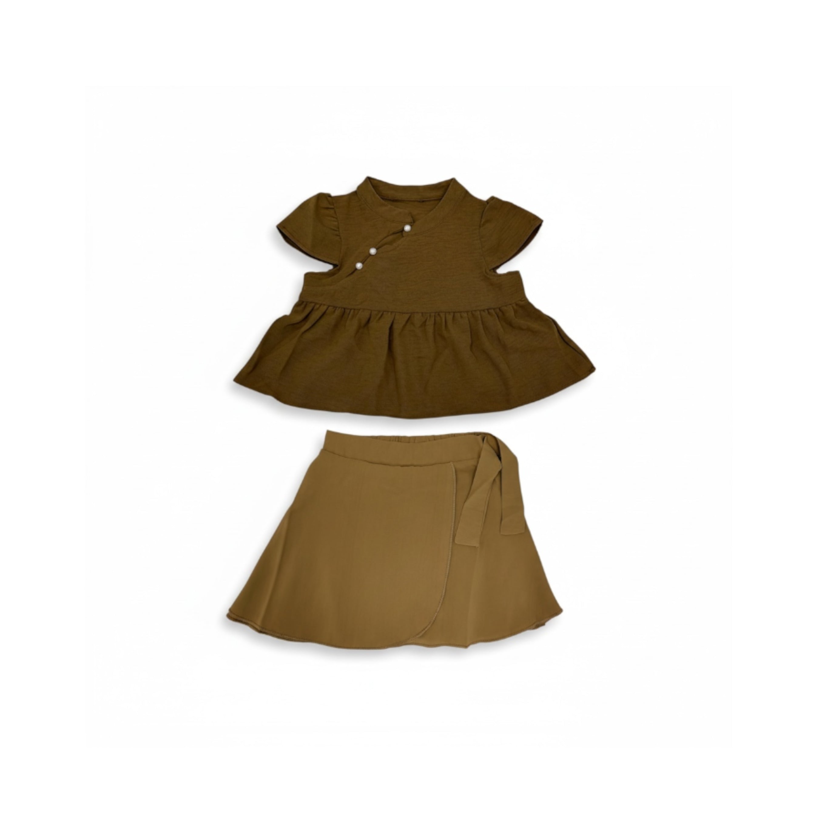 Chinese Collar Brown Blouse with Beige Mini Skirt Set
