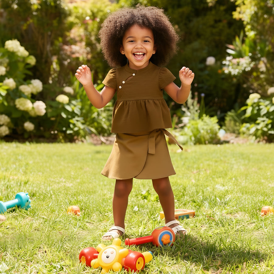 Chinese Collar Brown Blouse with Beige Mini Skirt Set