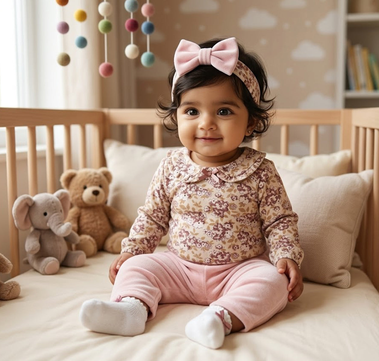 Baby 4 Piece Pink Floral Velvet Set