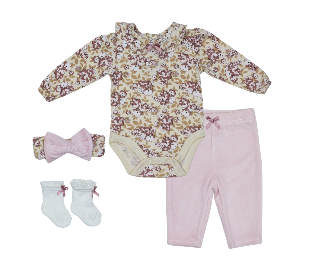 Baby 4 Piece Pink Floral Velvet Set