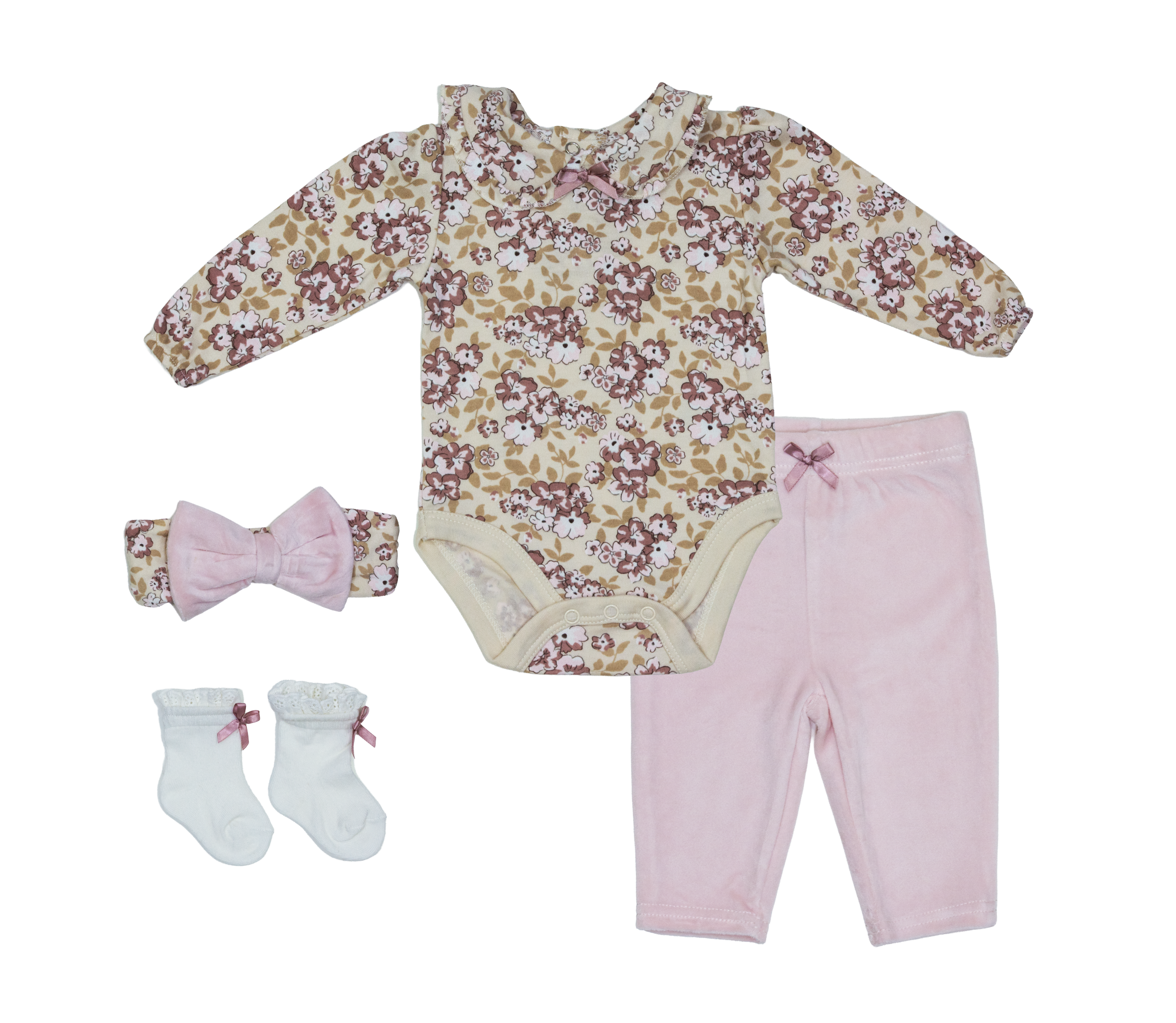 Baby 4 Piece Pink Floral Velvet Set
