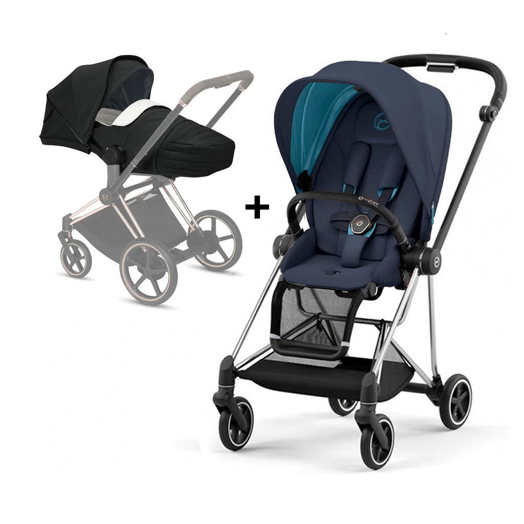 MIOS GEN 3 Chrome Frame with Nautical Blue Seat Pack & Black Lite Carry Cot S