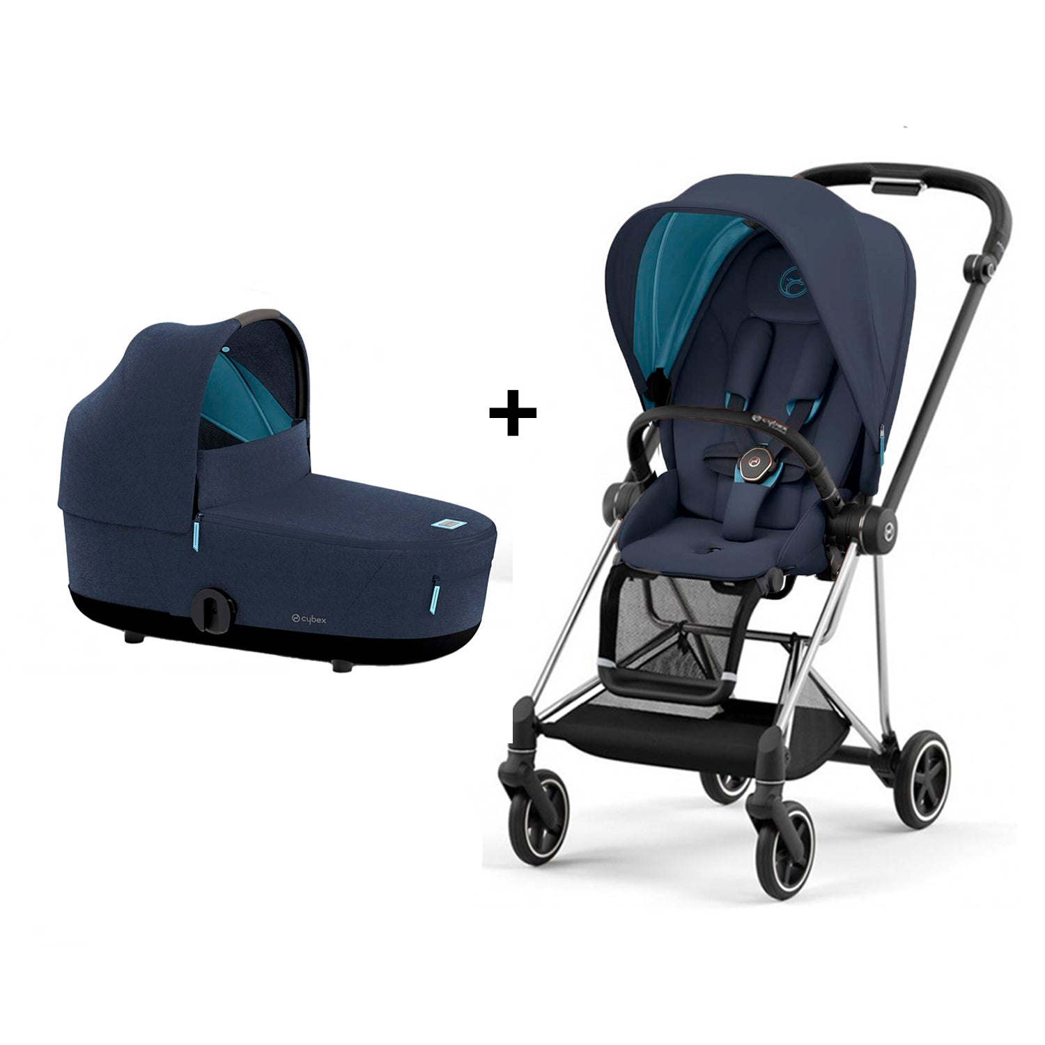 MIOS GEN 3 Chrome Frame with Nautical Seat Pack + Midnight Blue Carry Cot