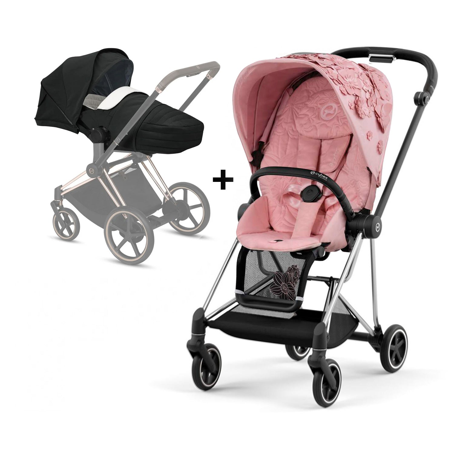 MIOS GEN 3 Chrome Frame with Simply Flowers Seat Pack & Black Lite Carry Cot S