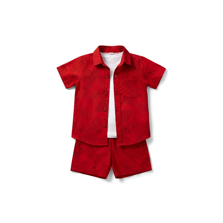 Printed Leaves Red Short Sleeve Shirt & Short Set