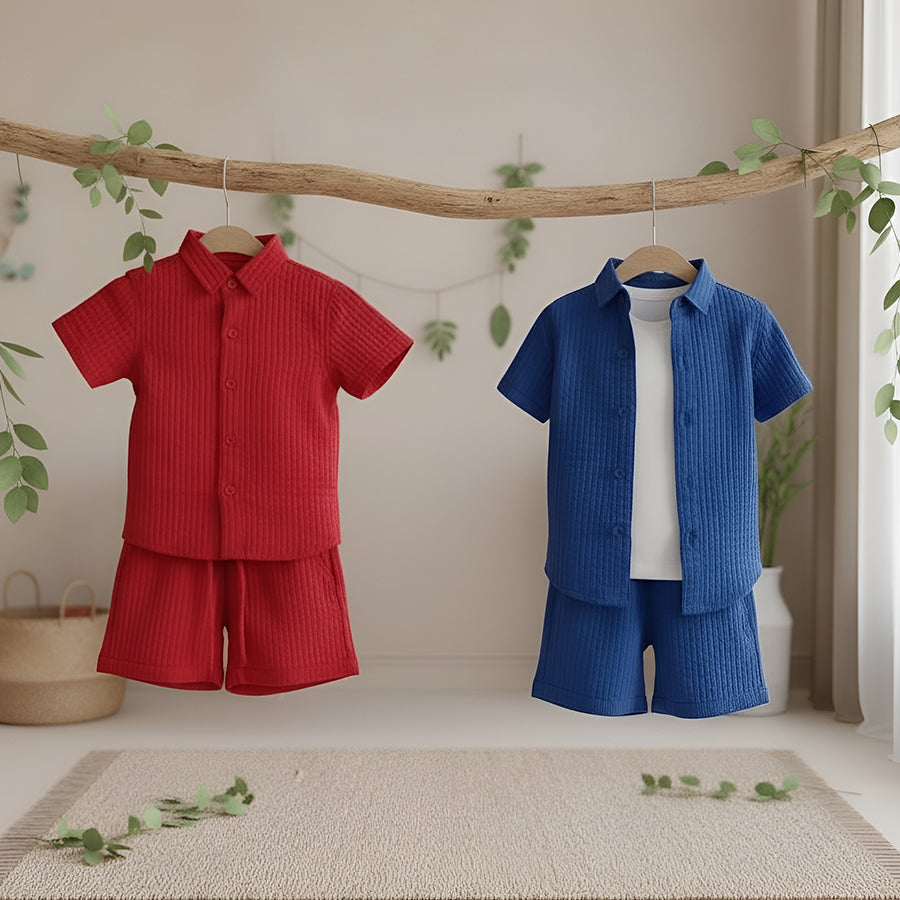 Textured 3pc Short Sleeve Shirt & Short Set
